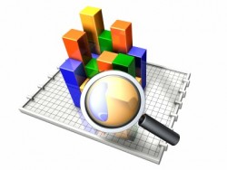 3d illustration of a magnifying glass hovering over a three-dimensional multi-colored bar chart